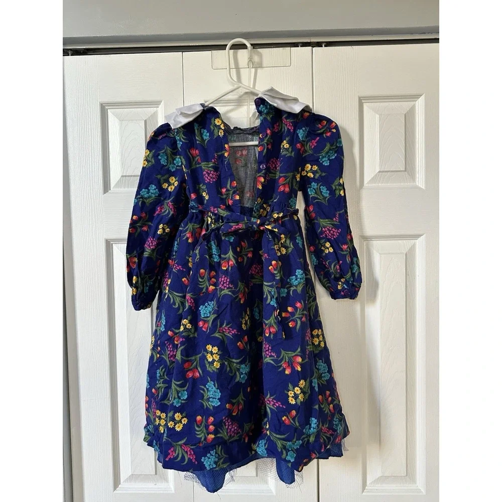 VTG 80s PLUM PUDDING Dress Girls 8 Blue Floral Holiday Cottage Tulle Lined